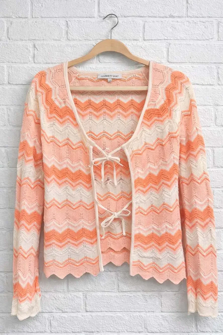 Celebrity Pink Peach and Cream Chevron Knit Tie-Front Crochet Cardigan